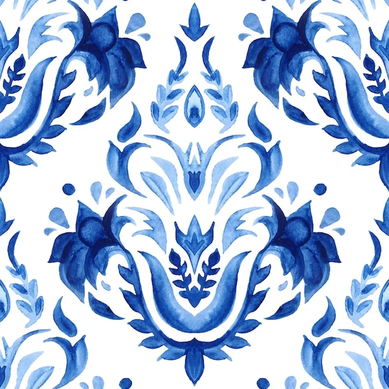 Akwarela niebieskiego adamaszku z ręcznie rysowanym kwiatowym wzorem