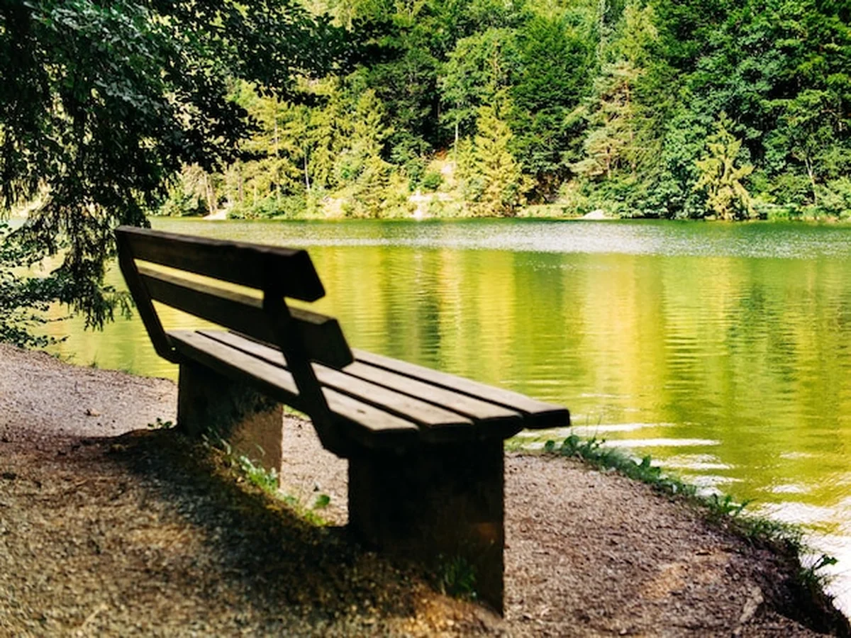 Ławka w pobliżu górskiego jeziora