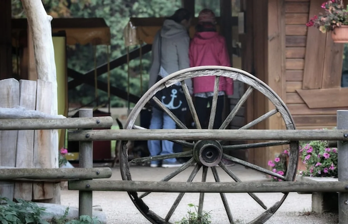 Duże drewniane koło w muzeum wsi lubelskiej