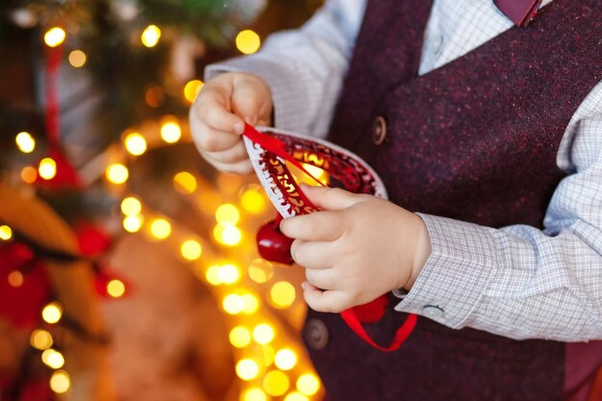 Mały chłopiec trzyma zabawkę jodły