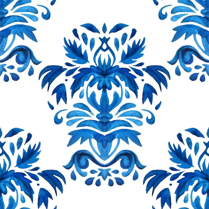 Akwarela z niebieskim adamaszkiem i kwiatowym wzorem