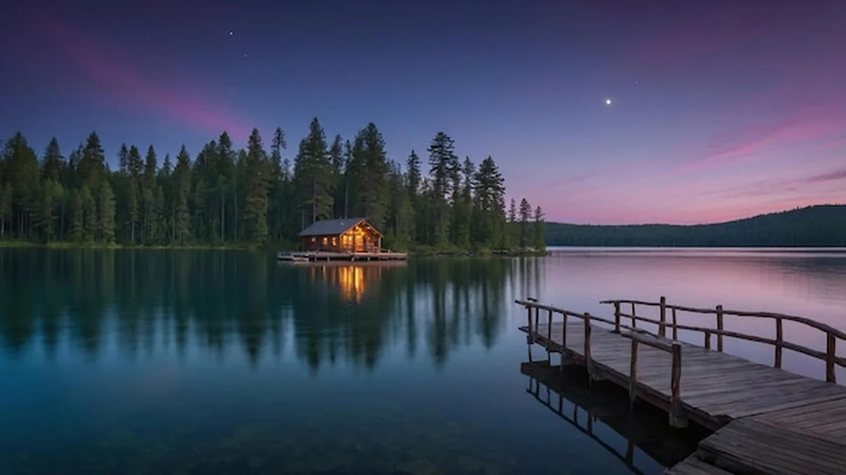 Spokojna chatka nad jeziorem wieczorem
