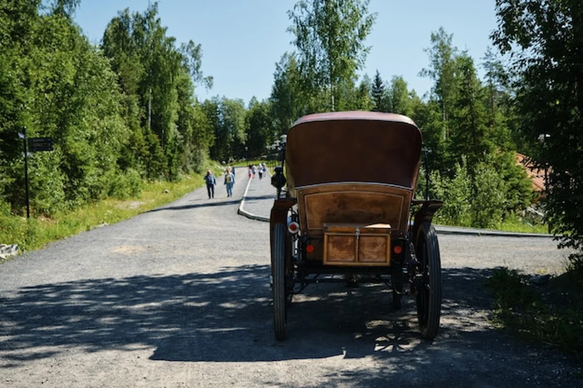 Powóz z końmi w Kaszubskim Parku Etnograficznym we Wdzydzach Kiszewskich w lecie